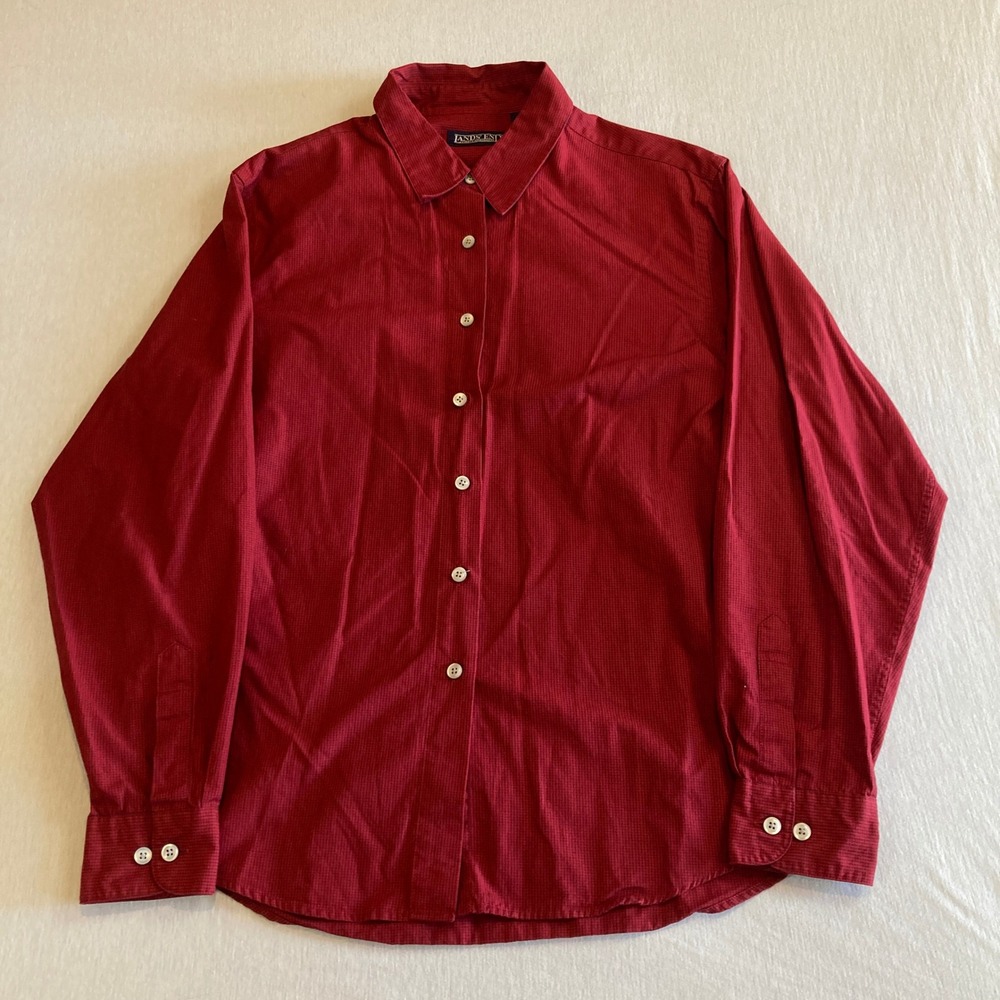Vintage Lands End Shirt Womens 12 Red Micro Check Cotton Button Down L/S 90s - Picture 9 of 13